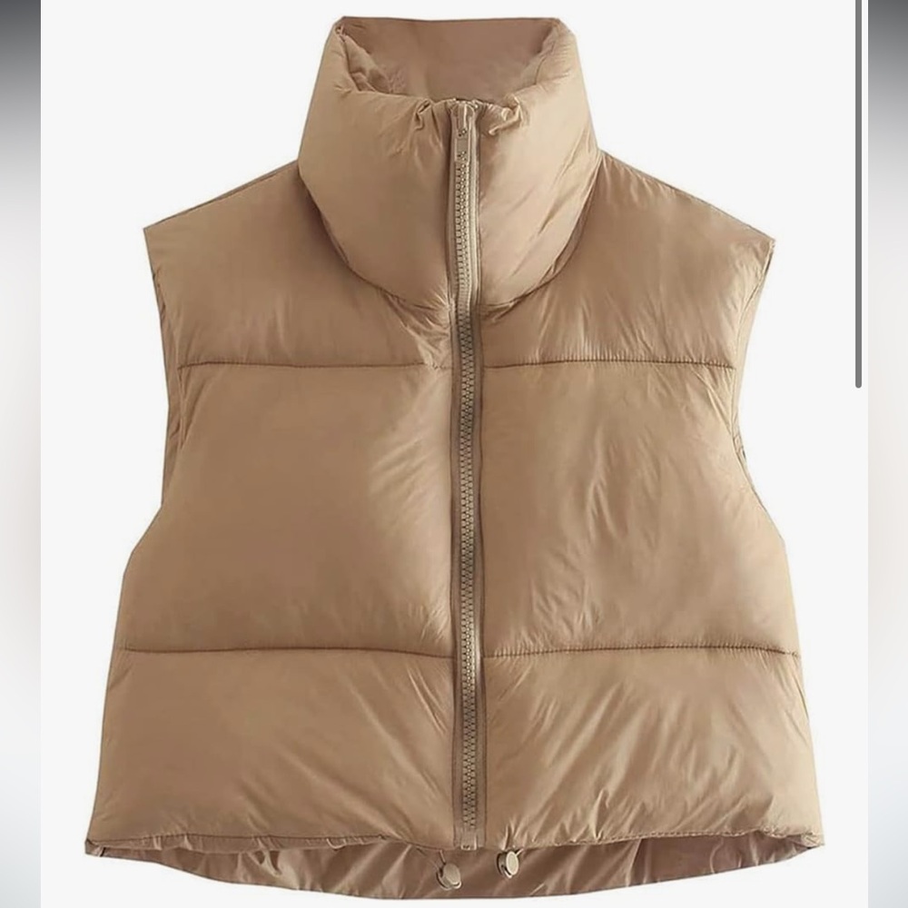 Women's Tan Puffer Vest - cropped